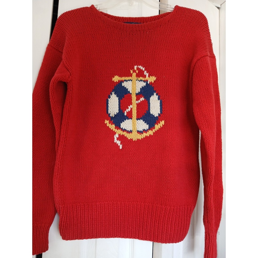 VTG Ralph Lauren Hand Knit Red Anchor Boating Sweater Sz. S 90s